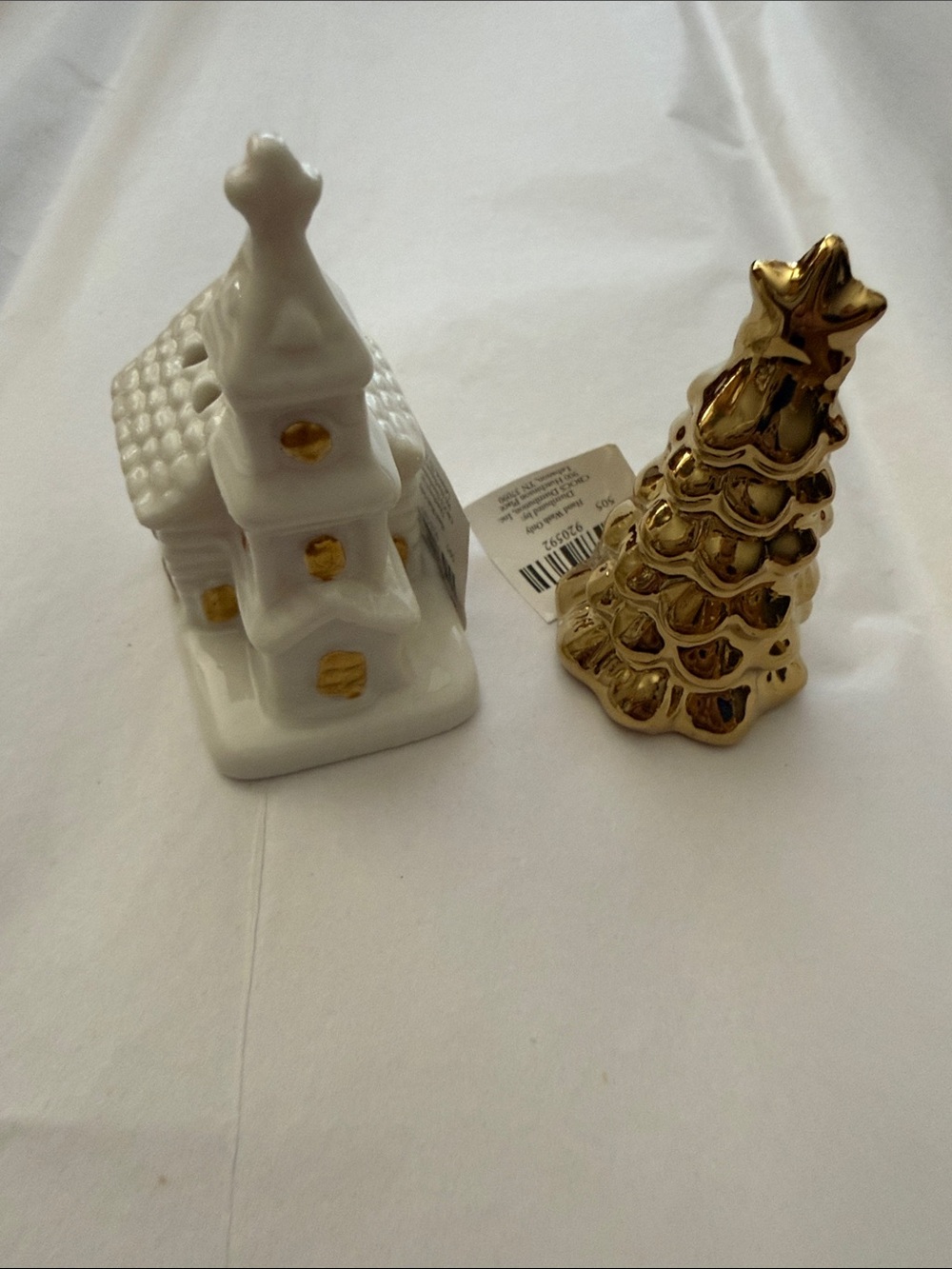 Cracker Barrel White and Gold Ceramic Church & Gold Tree salt pepper shakers